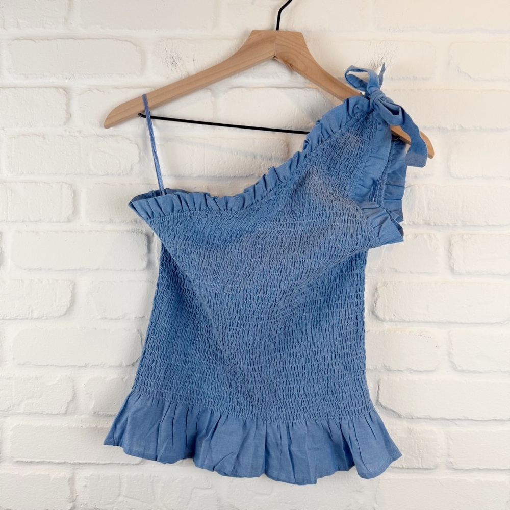 Japna Denim Blue Cotton One Shoulder Smocked Cotton Ruffle Trim Peplum Top Large